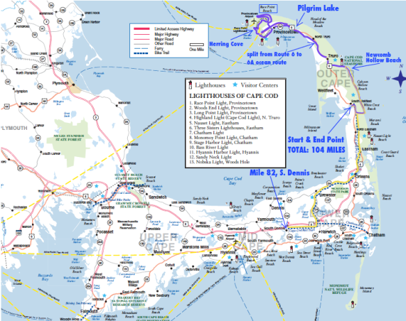 Map of Cape Cod. The detail of this map offers a clearer view of my 104-mile ride route, but this map gives a better sense of the overall scale and distances covered.