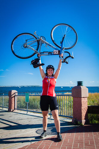 Me, celebrating near the end of Day 2, over 200 miles into the 300-mile ride, somewhere along  the Connecticut coastline. Photo by Alan Barnett.