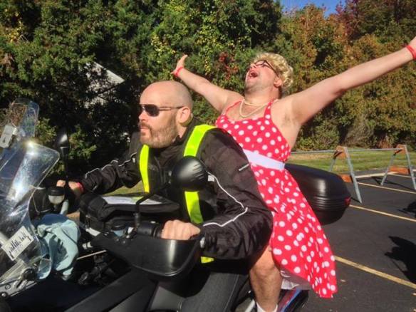 Tom Dwyer, riding through new England in style in his self-described "Tragic 'Ho" outfit, Red Dress Day, Braking AIDS Ride, September 2013.