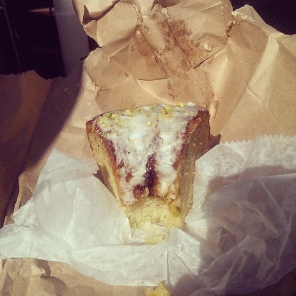 Objects may be larger than they appear. This slice of pistachio coffee cake from Relish is roughly the size of my head. Although the one pictured here is the one Jen and I shared from today (Friday), it is nearly identical to the one I purchased at Relish about 27 miles into my ride and housed all by myself. 