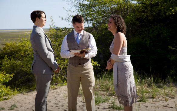 Fred Speers, officiating at my wedding, May 16, 2010, West End of Provincetown, Massachusetts.From left to right: my wife Jen, Fred, me. Photo by Doreen Birdsell.